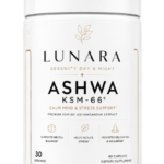 Lunara Ashwa KSM-66 supplement pot met wit etiket en zachte gouden details.