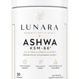 Lunara Ashwa KSM-66 supplement pot met wit etiket en zachte gouden details.