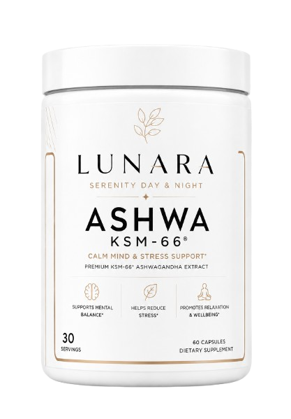 Lunara Ashwa KSM-66 supplement pot met wit etiket en zachte gouden details.