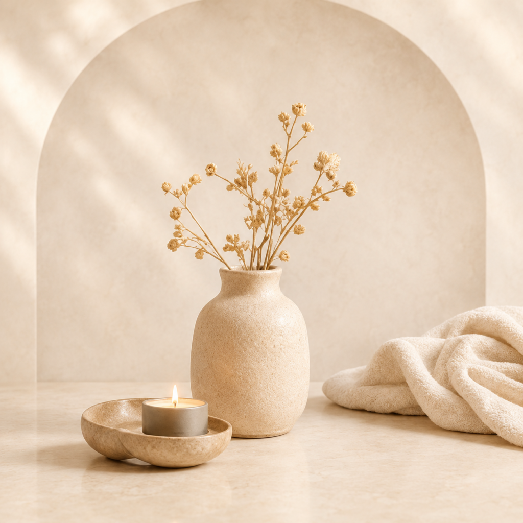 Lunara rustige minimalistische wellness setting met warme beige tinten en zachte decoratie.