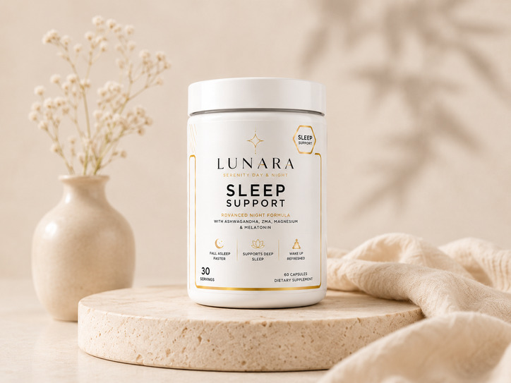 Lunara Sleep Support supplement voor een rustige avondroutine en nachtelijke ondersteuning.