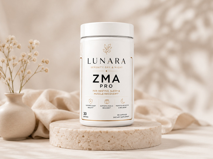 Lunara ZMA Pro supplement in zachte neutrale tinten met gouden accenten.