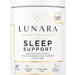 Lunara Sleep Support supplement pot met wit etiket en zachte gouden details.