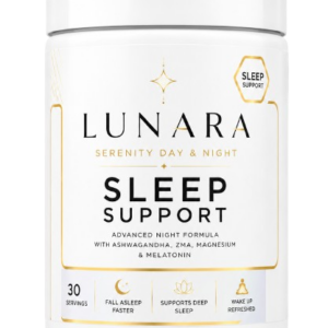 Lunara Sleep Support supplement pot met wit etiket en zachte gouden details.