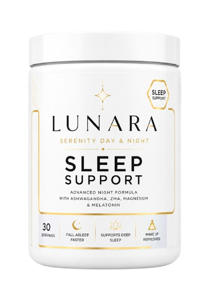 Lunara Sleep Support supplement pot met wit etiket en zachte gouden details.
