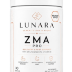 Lunara ZMA Pro supplement pot met wit etiket en zachte gouden details.