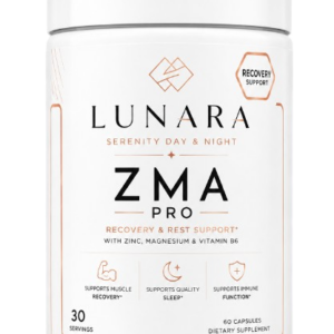 Lunara ZMA Pro supplement pot met wit etiket en zachte gouden details.