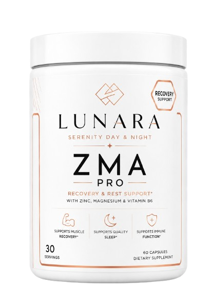 Lunara ZMA Pro supplement pot met wit etiket en zachte gouden details.